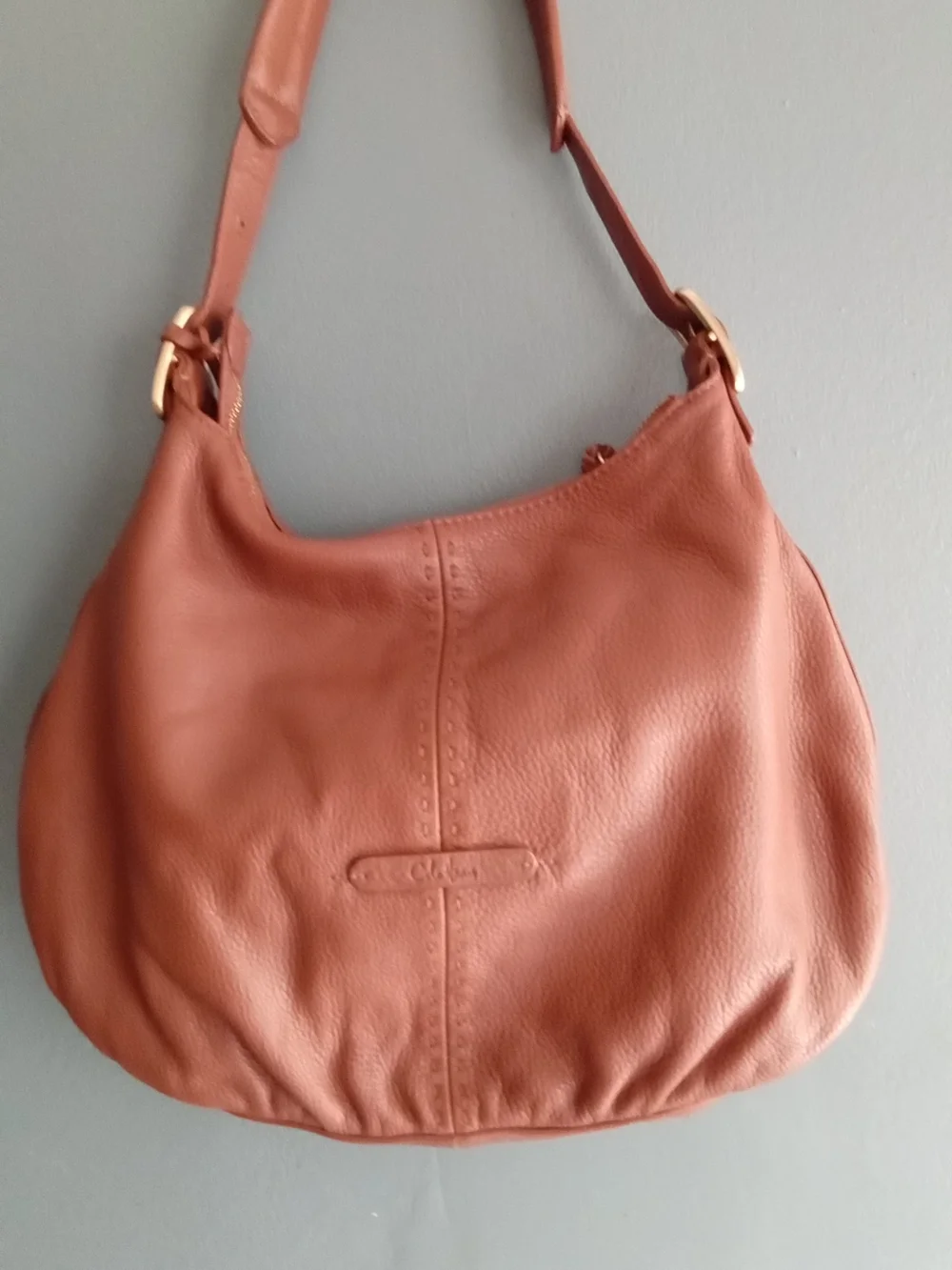 Cole Haan Cognac Brown Pebbled Leather Hobo Shoulder Bag with Buckle Pockets